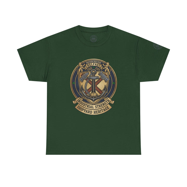 Green Belfast heritage t-shirt by S&amp;W Gallus featuring a ship anchor graphic with crossed hammers.