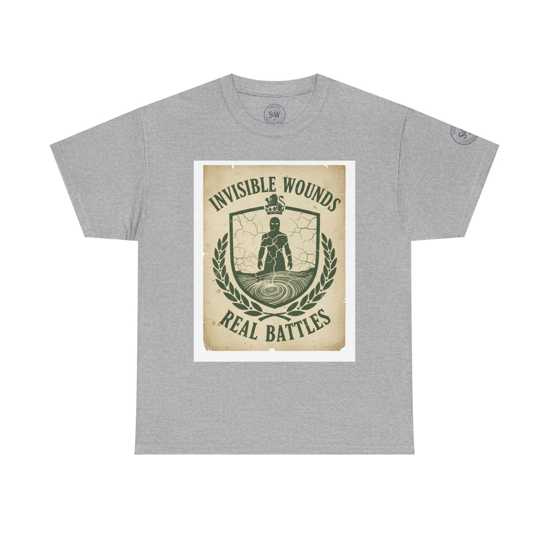 Gray t-shirt by S&amp;W Gallus featuring a graphic of a wounded figure within a laurel wreath and the text "Invisible Wounds, Real Battles."