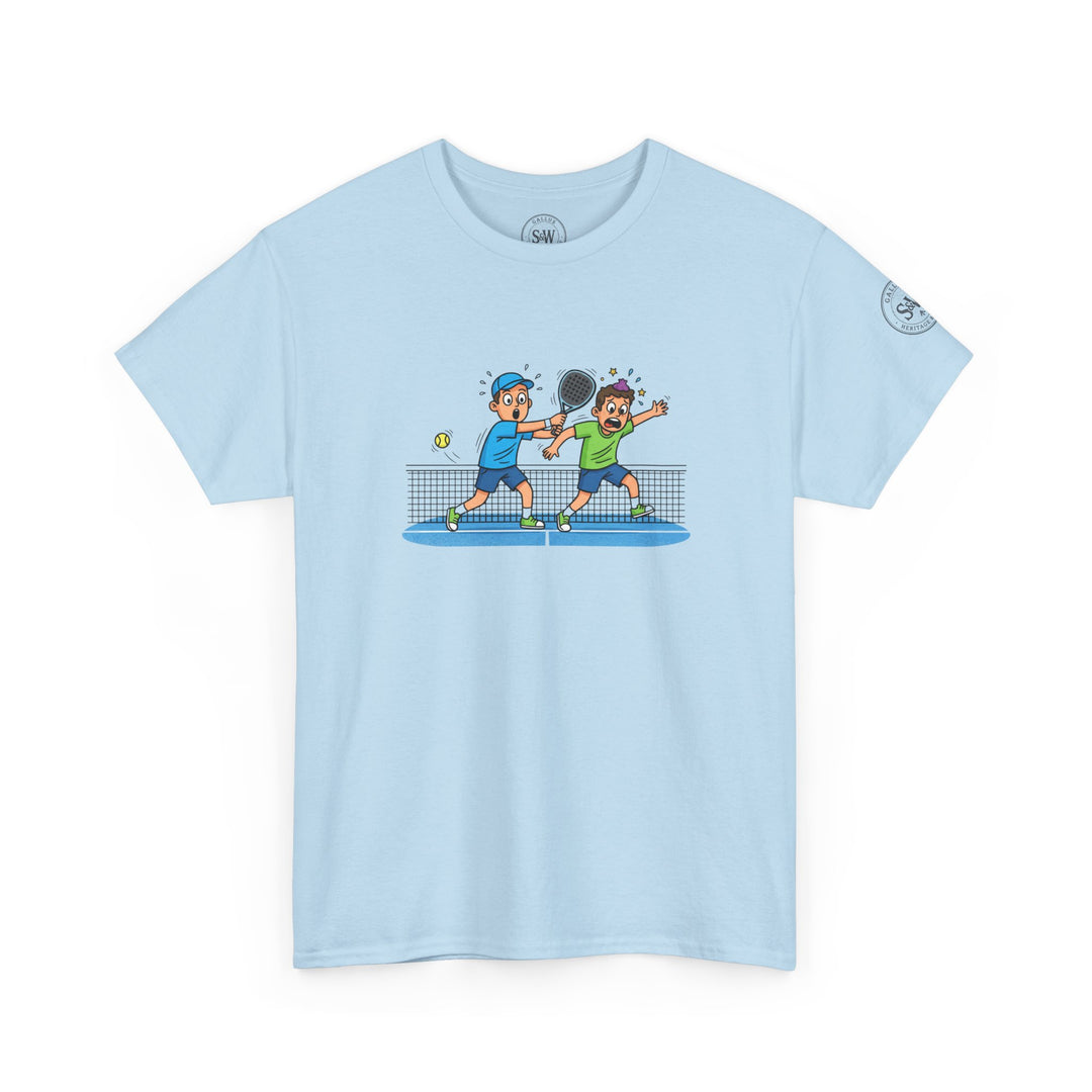 Light blue t-shirt by S&amp;W Gallus, displaying a graphic of two padel players on the front.