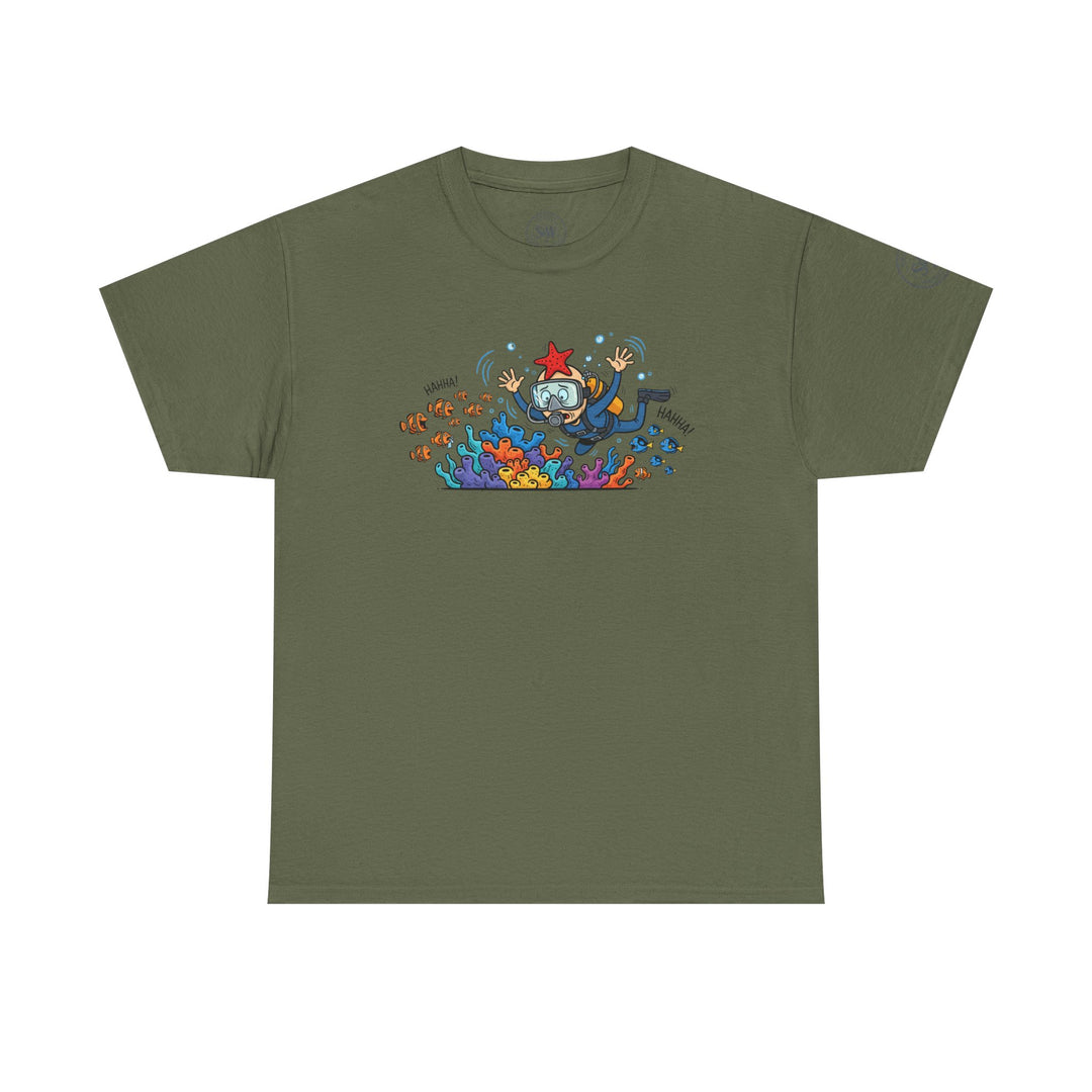 Olive green t-shirt by S&amp;W Gallus featuring a cartoon scuba diver and coral reef design.