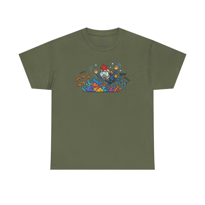 Olive green t-shirt by S&amp;W Gallus featuring a cartoon scuba diver and coral reef design.