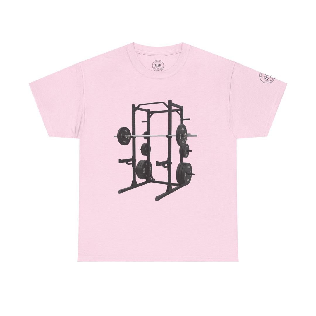 Pink t-shirt by S&amp;W Gallus featuring a graphic print of a black power rack with weights.