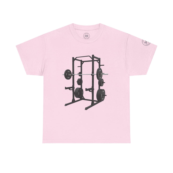 Pink t-shirt by S&amp;W Gallus featuring a graphic print of a black power rack with weights.