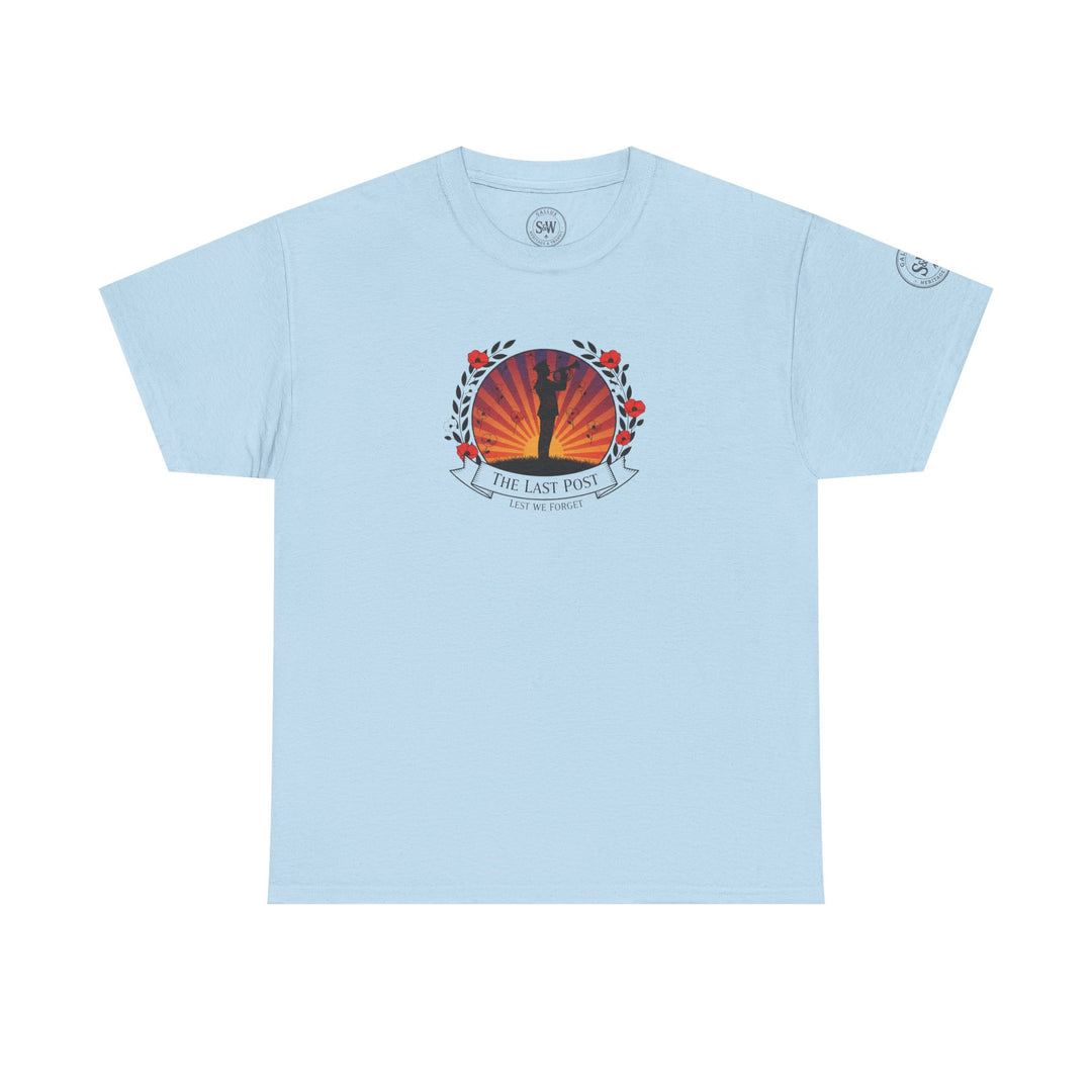 Light blue t-shirt by S&amp;W Gallus, featuring a circular graphic with a silhouette and poppy wreath.