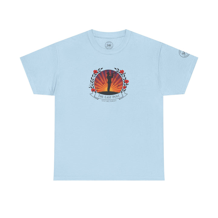 Light blue t-shirt by S&amp;W Gallus, featuring a circular graphic with a silhouette and poppy wreath.