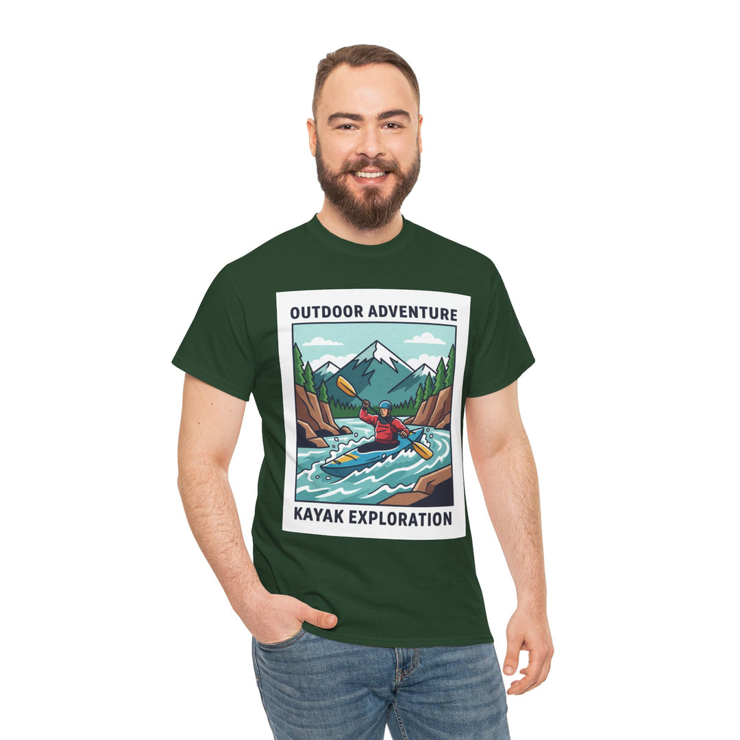 Forest green t-shirt by S&amp;W Gallus, featuring a kayaking themed graphic, worn with blue jeans.