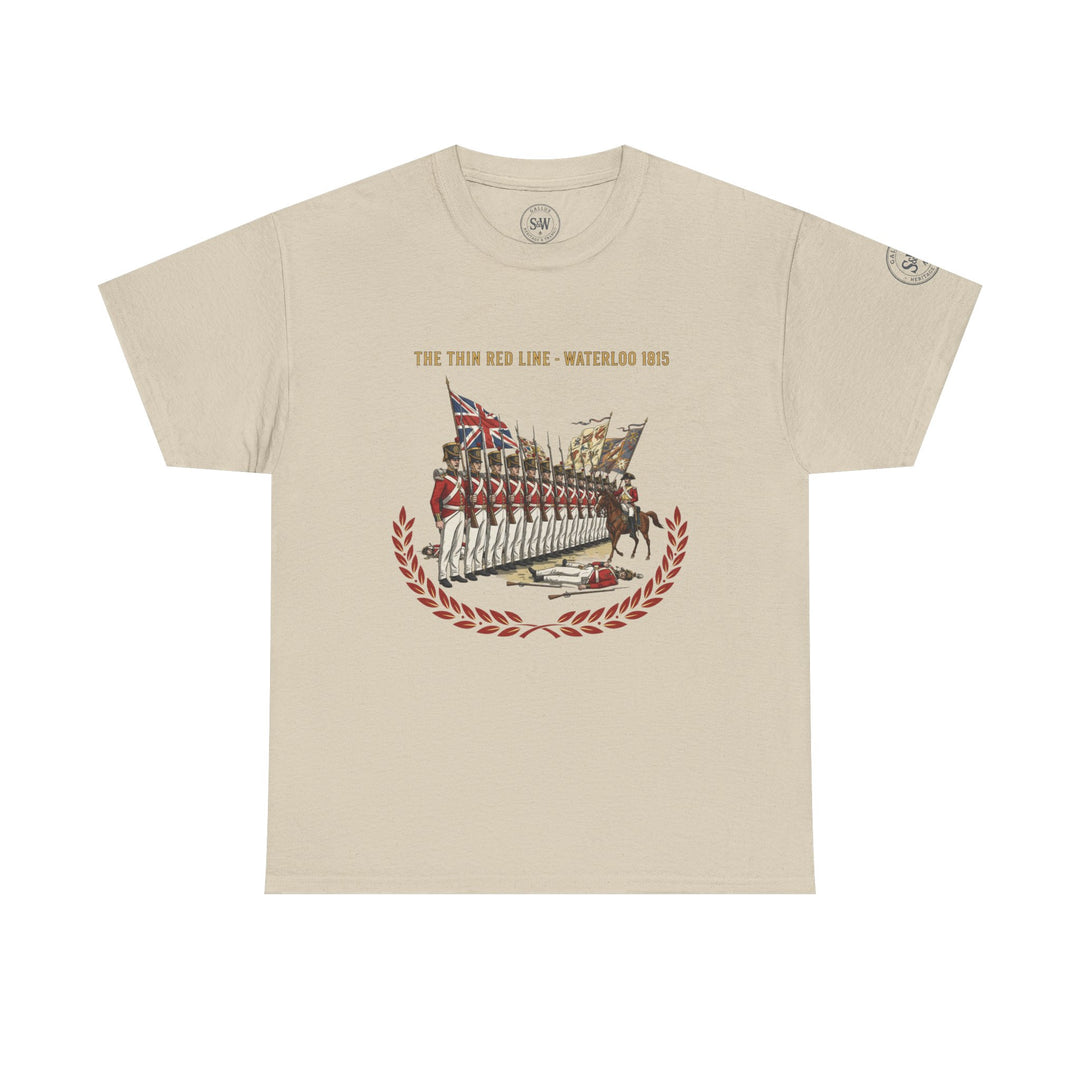 Beige t-shirt by S&amp;W Gallus featuring a historical illustration of soldiers, flags, and a laurel wreath.
