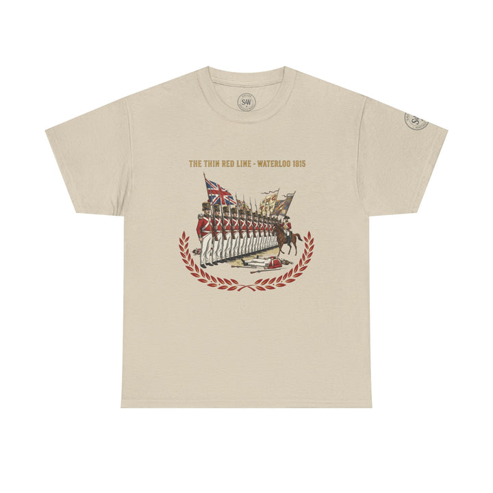 Beige t-shirt by S&amp;W Gallus featuring a historical illustration of soldiers, flags, and a laurel wreath.
