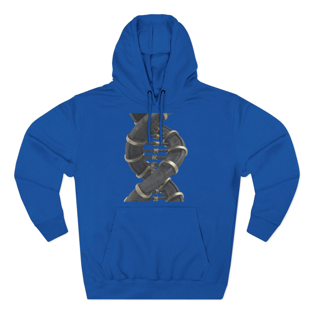 Blue hoodie by S&amp;W Gallus, featuring a DNA helix made from plumbing pipes on the front.