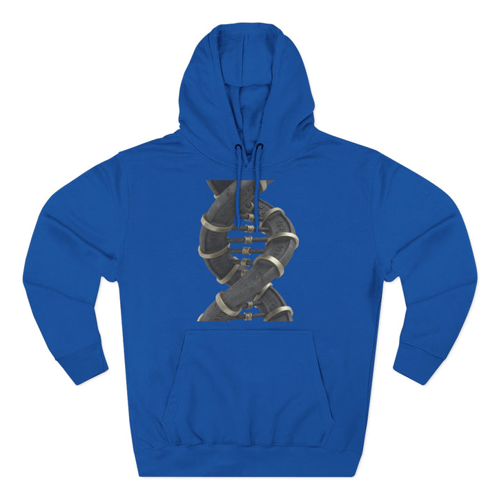 Blue hoodie by S&amp;W Gallus, featuring a DNA helix made from plumbing pipes on the front.