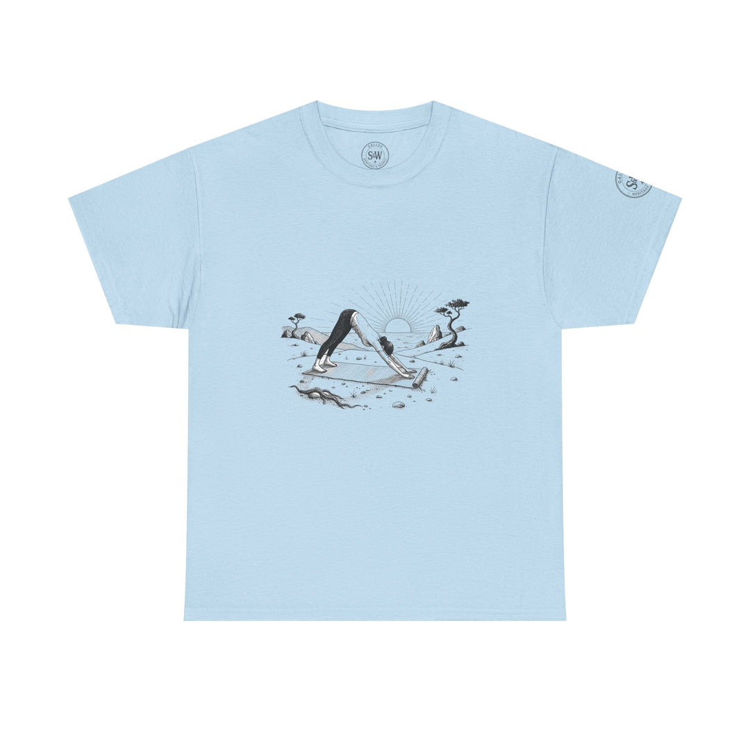 Light blue t-shirt from S&amp;W Gallus, featuring a graphic of a person doing yoga at sunset on a beach.