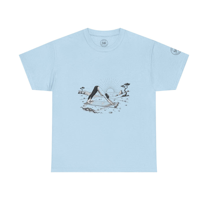 Light blue t-shirt from S&amp;W Gallus, featuring a graphic of a person doing yoga at sunset on a beach.