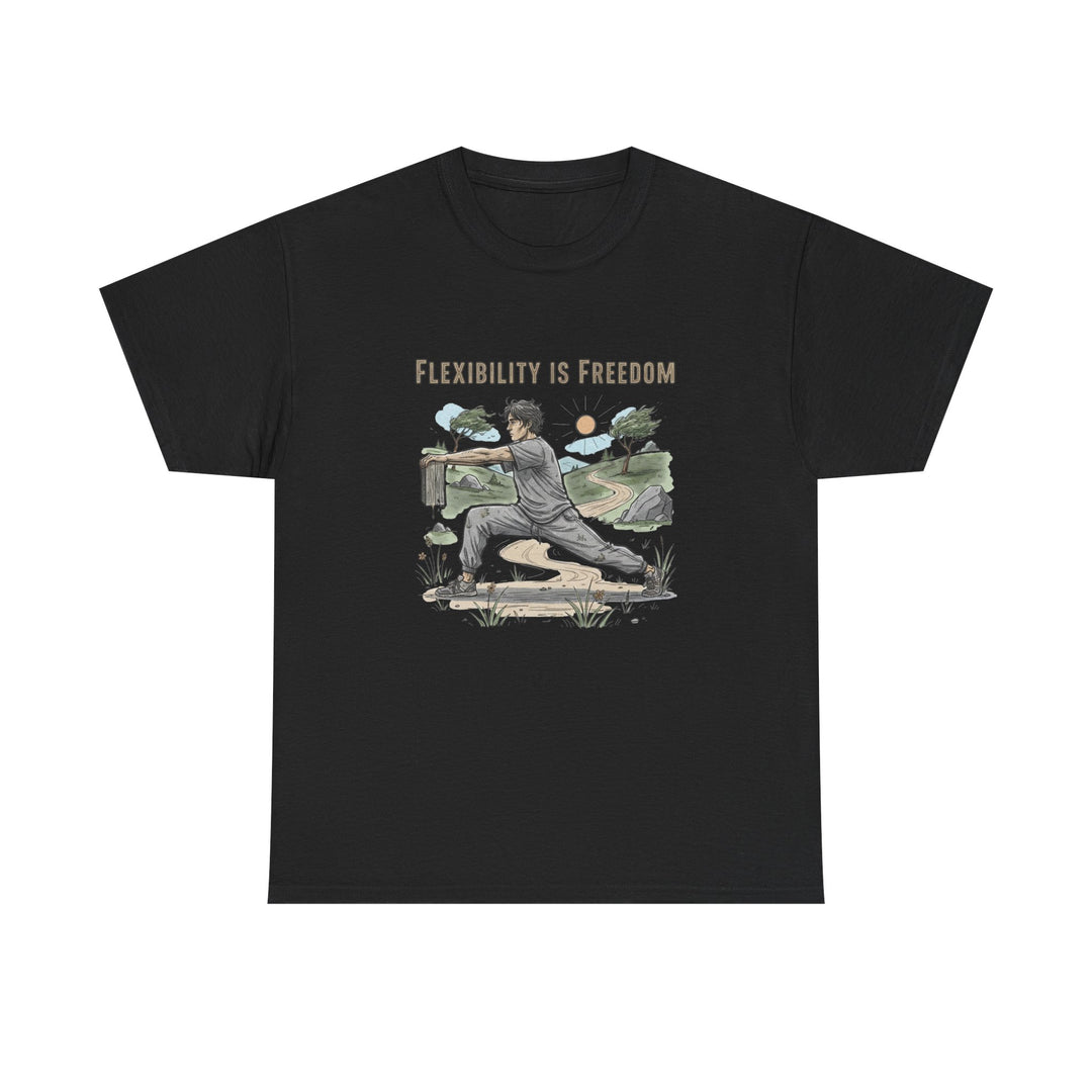 Flexibility Is Freedom Tee – soft, breathable cotton featuring a motivational design. Perfect for yoga, Pilates, stretching, or casual active lifestyle wear.