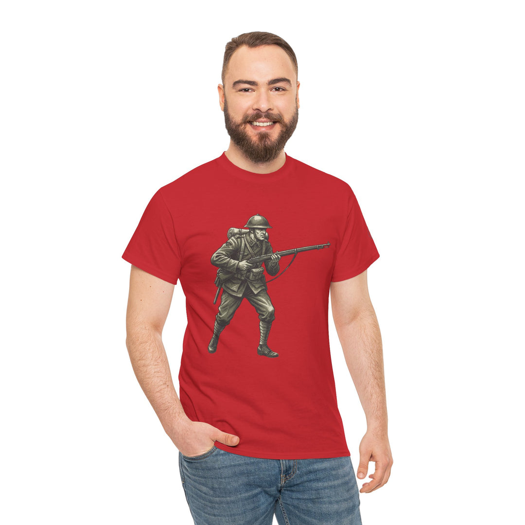 Red graphic t-shirt by S&amp;W Gallus featuring a WWI soldier illustration, worn with blue jeans, with a smiling man visible.
