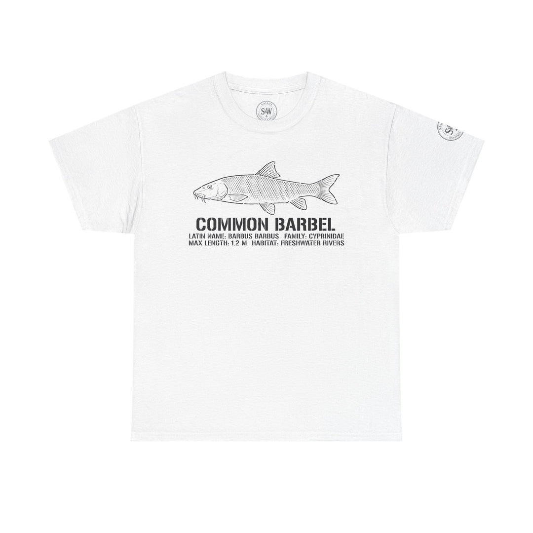 White Common Barbel T-shirt by S&amp;W Gallus, featuring an illustrated fish diagram and angling details.