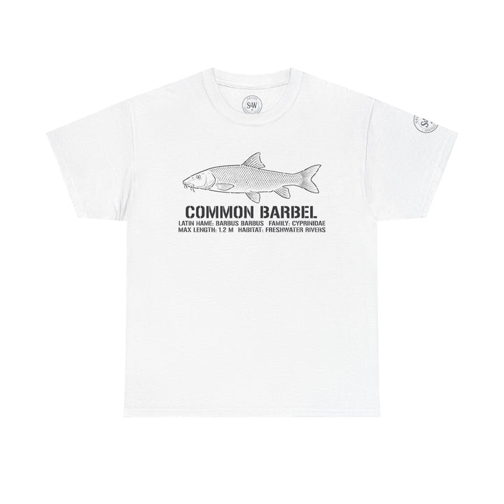 White Common Barbel T-shirt by S&amp;W Gallus, featuring an illustrated fish diagram and angling details.