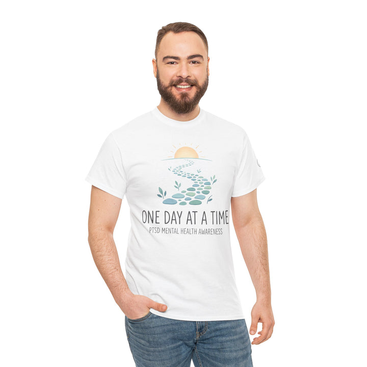 White One Day at a Time T-shirt from Veteran owned, featuring a sun and stepping stones graphic and mental health awareness text.