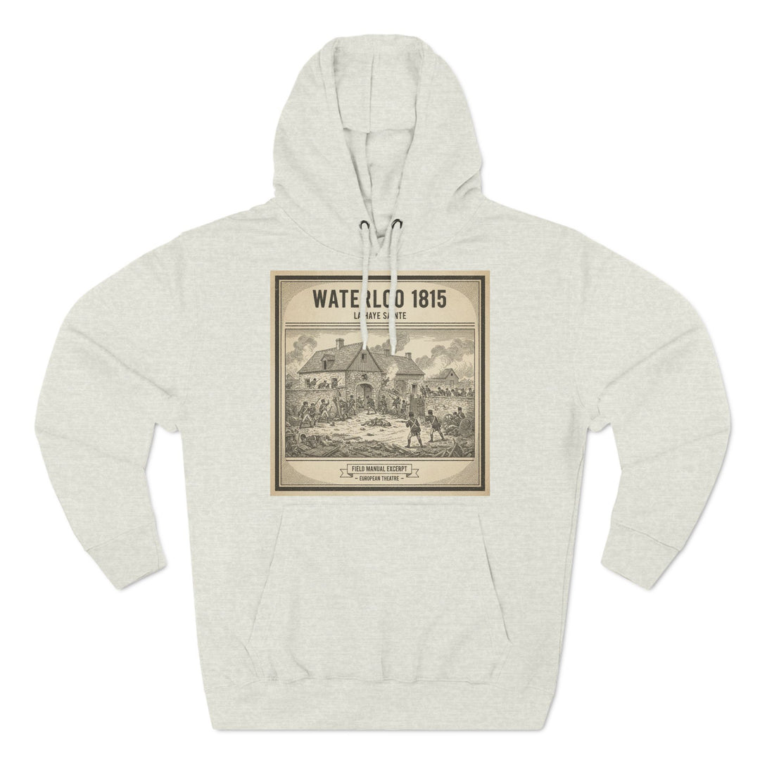 Heather grey hoodie by S&amp;W Gallus featuring a graphic print of the Battle of Waterloo and drawstring hood.