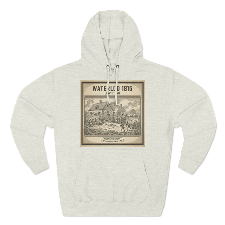 Heather grey hoodie by S&amp;W Gallus featuring a graphic print of the Battle of Waterloo and drawstring hood.