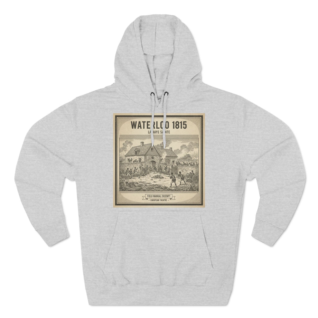 Gray hoodie by S&amp;W Gallus with a Waterloo 1815 print on the front.
