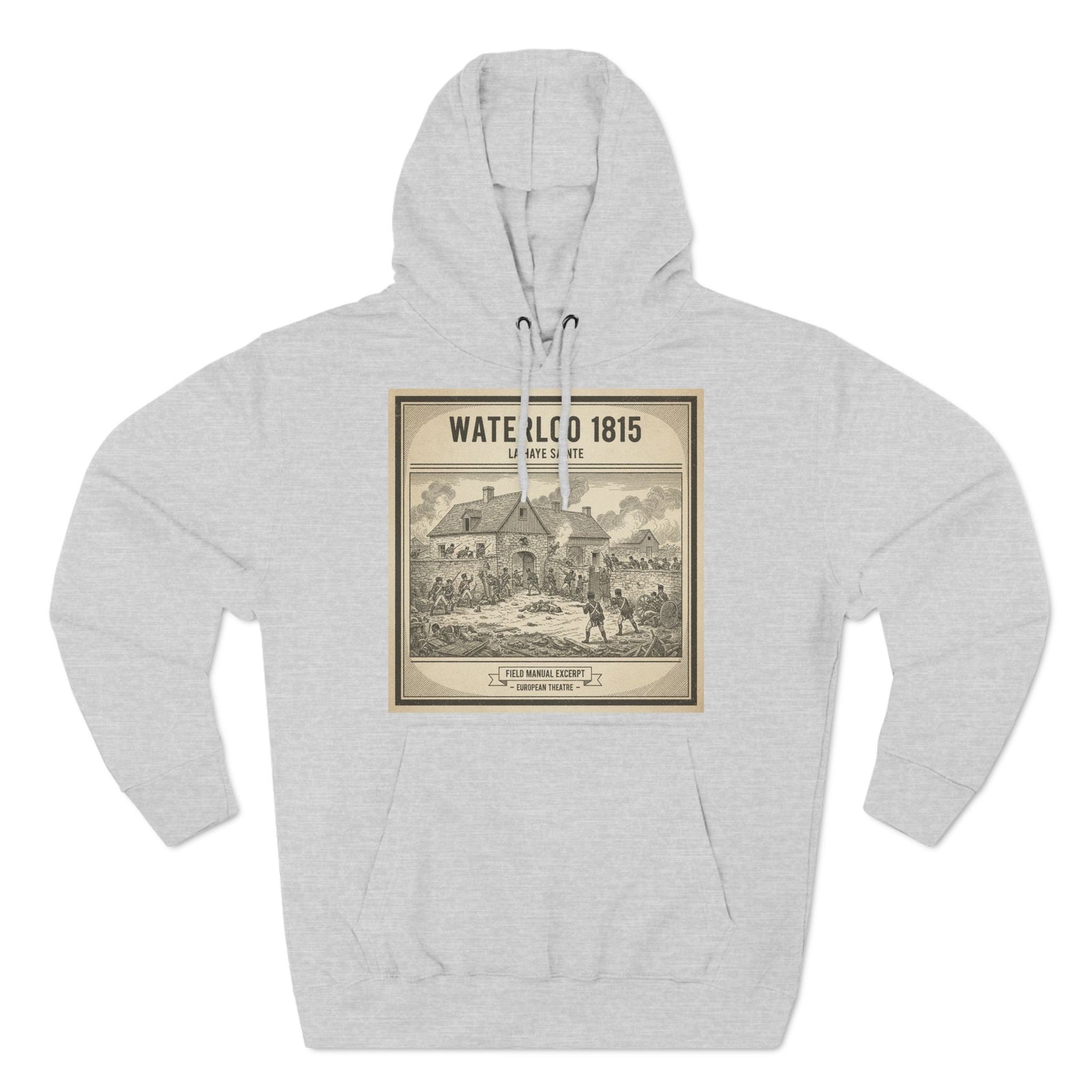 Gray hoodie by S&W Gallus with a Waterloo 1815 print on the front.