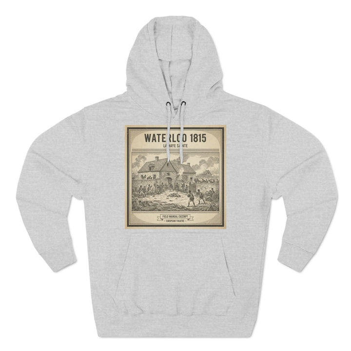 Gray hoodie by S&amp;W Gallus with a Waterloo 1815 print on the front.