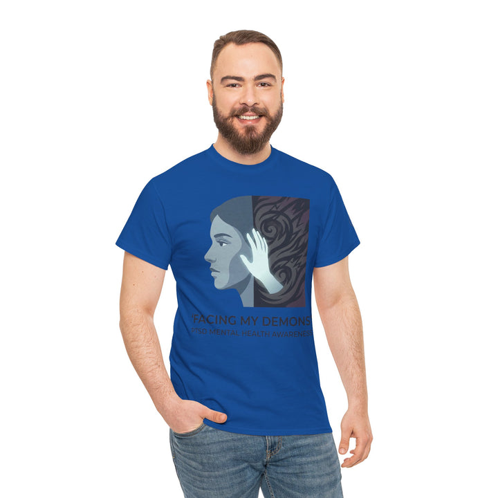 Blue graphic tee by Veteran owned, featuring a mental health awareness design, worn with jeans.