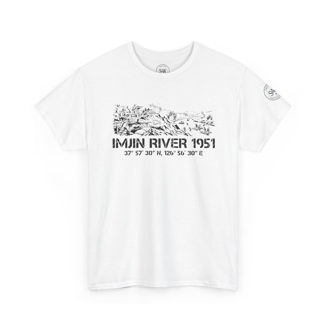 White Imjin River 1951 t-shirt by S&amp;W Gallus featuring a black graphic print of soldiers and coordinates.