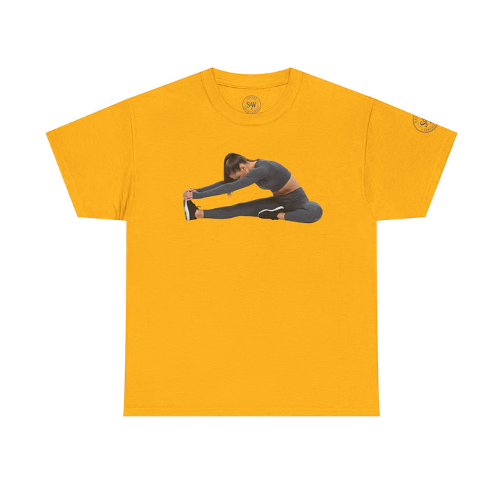 Yellow T-shirt by S&amp;W Gallus with a yoga stretch design on the front.
