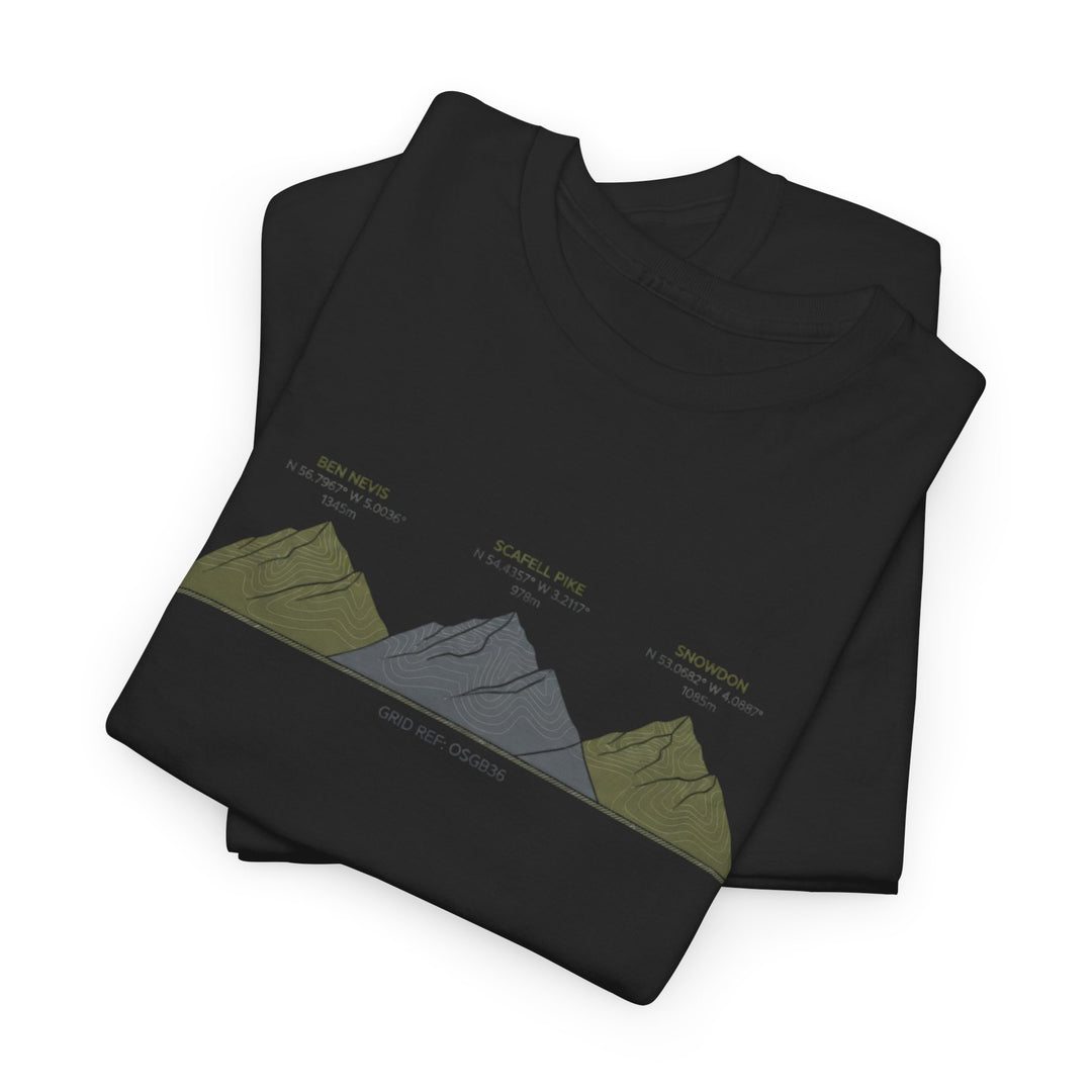 Three Peaks Challenge Graphic T-Shirt — Retro UK Mountain Hiking Tee