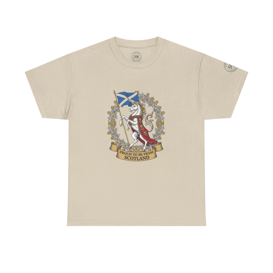 Beige t-shirt from S&amp;W Gallus with a Scottish unicorn design and "Proud to Be From Scotland" text.