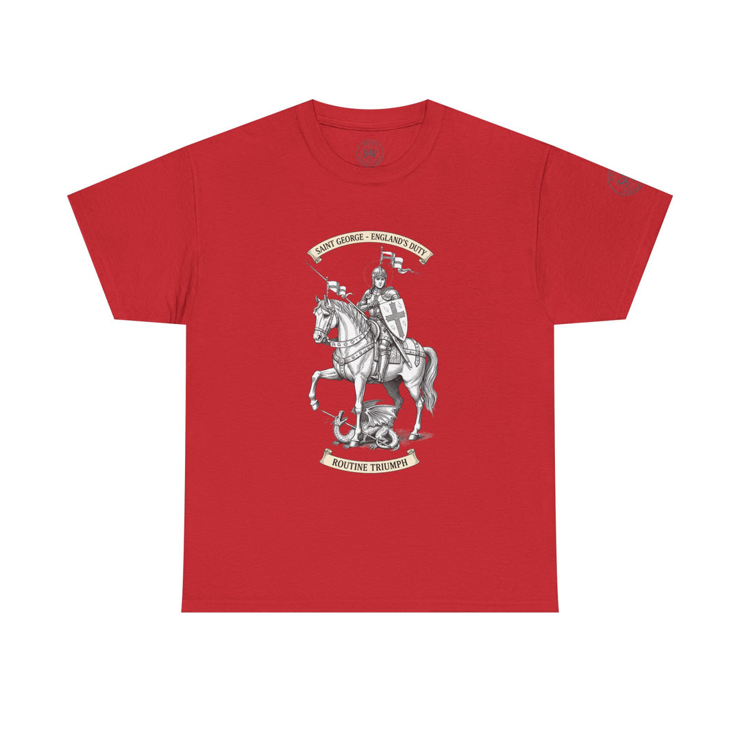 Red t-shirt by S&amp;W Gallus featuring a Saint George and the Dragon graphic with the text "Saint George - England&