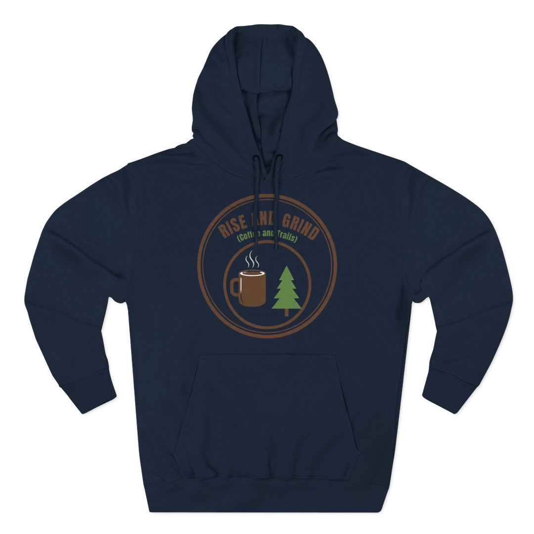 Navy hoodie by S&amp;W Gallus with a circular graphic featuring a coffee mug and a tree.