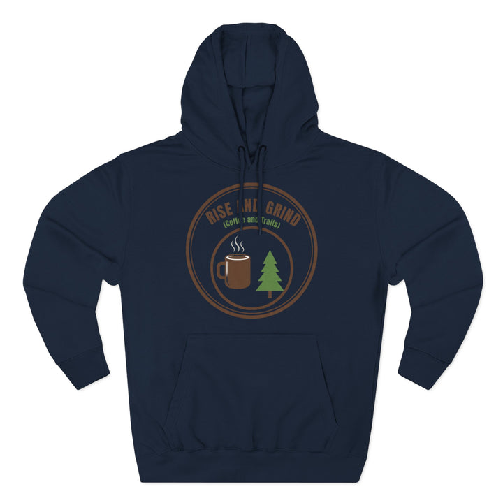 Navy hoodie by S&amp;W Gallus with a circular graphic featuring a coffee mug and a tree.