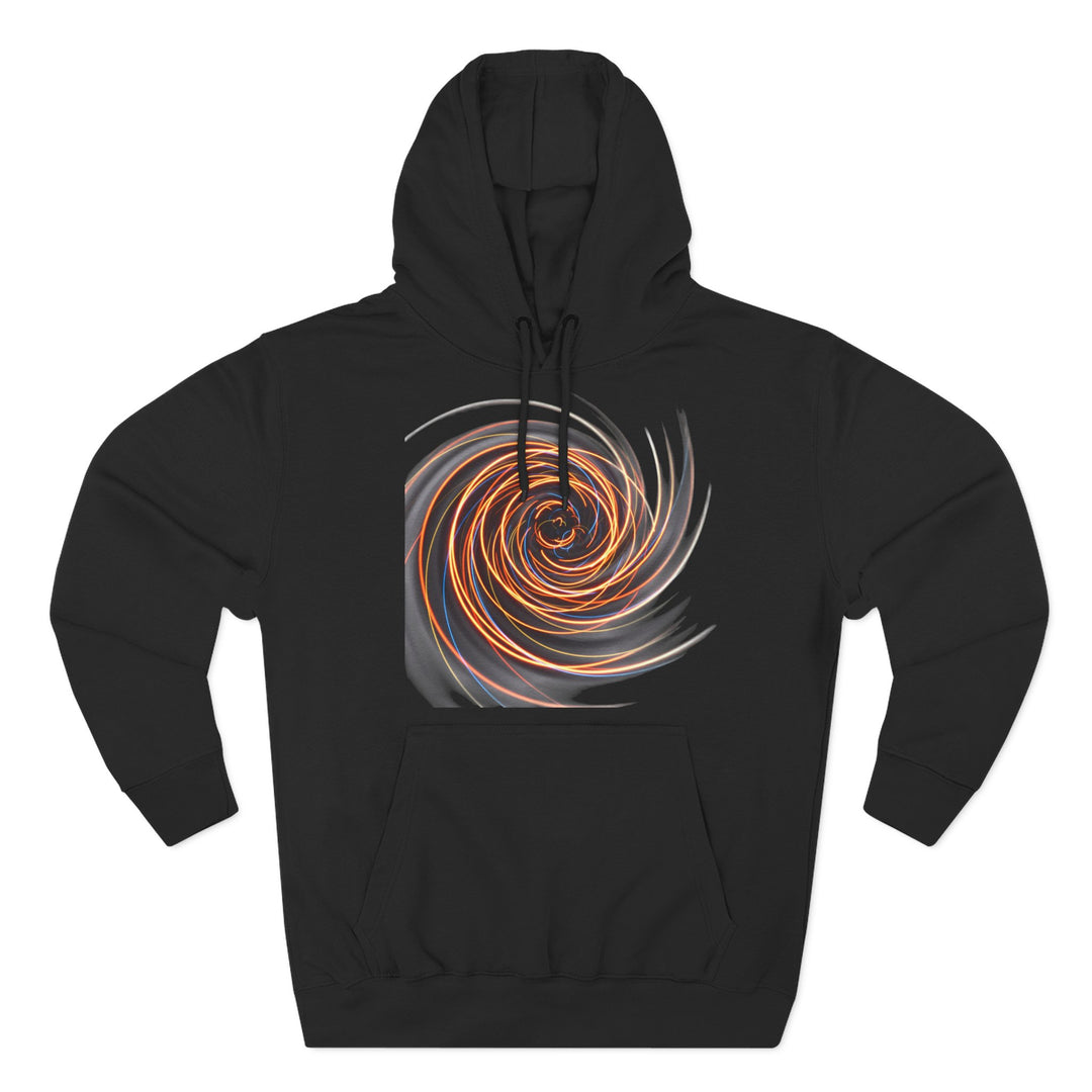 Black graphic hoodie by S&amp;W Gallus, featuring a mesmerizing spiral flame design on the chest.