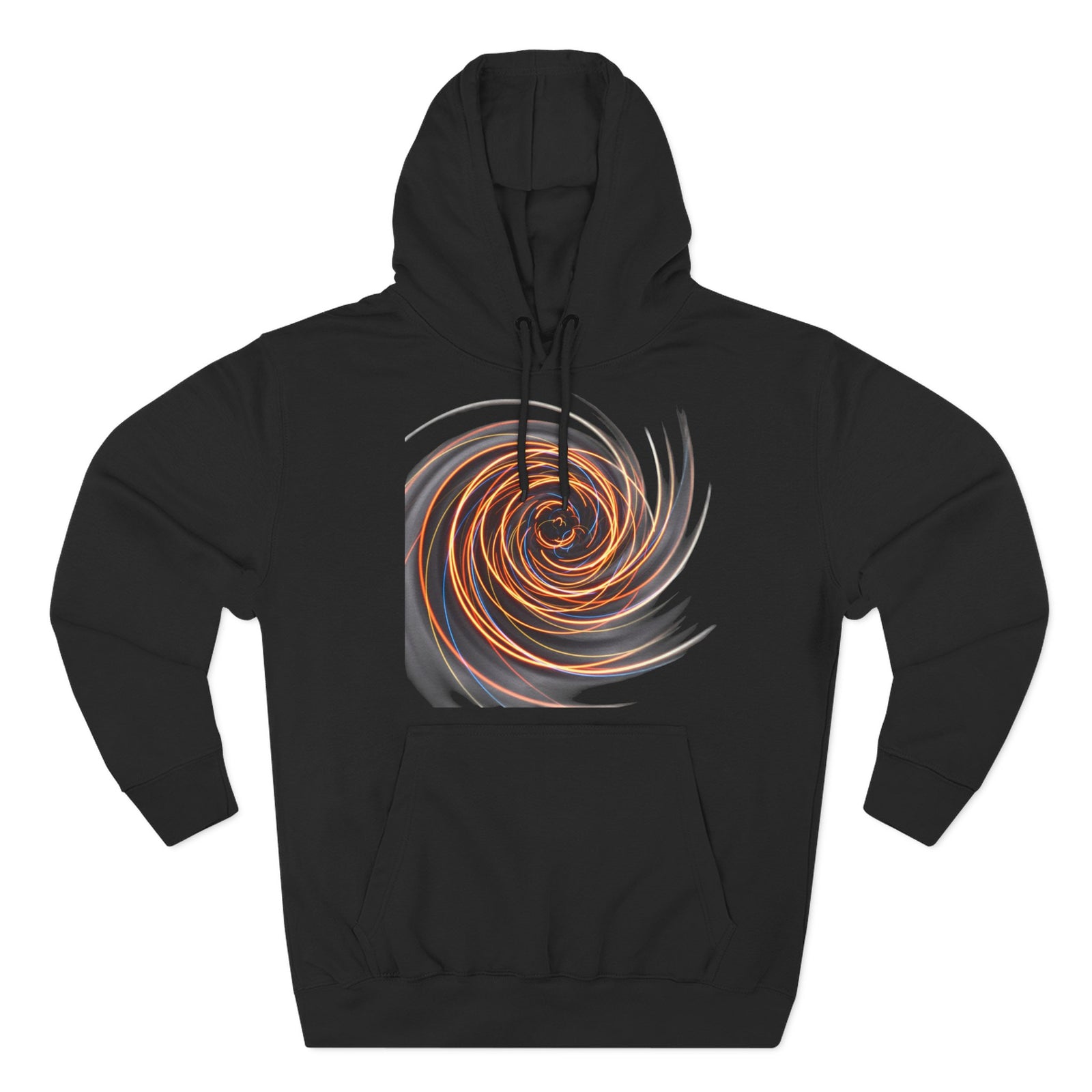 Black graphic hoodie by S&W Gallus, featuring a mesmerizing spiral flame design on the chest.