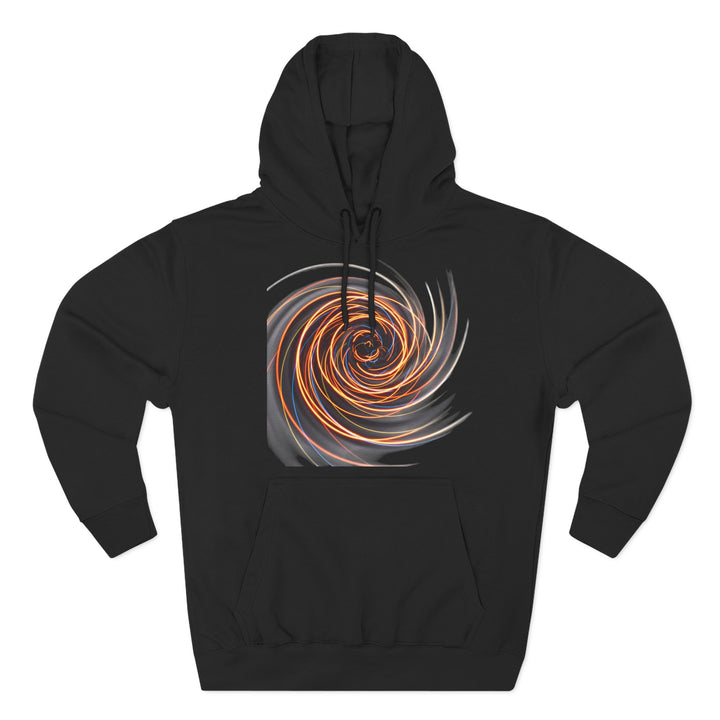 Black graphic hoodie by S&amp;W Gallus, featuring a mesmerizing spiral flame design on the chest.