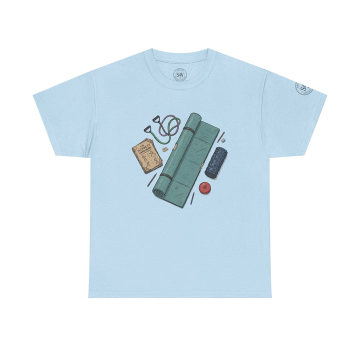Light blue t-shirt by S&amp;W Gallus with flexibility accessories graphic on the front.