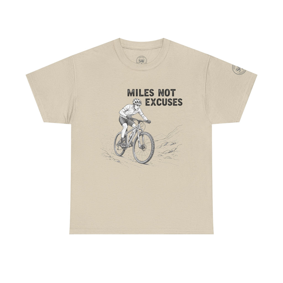 Beige t-shirt by S&amp;W Gallus, featuring a cyclist illustration and "Miles Not Excuses" text.