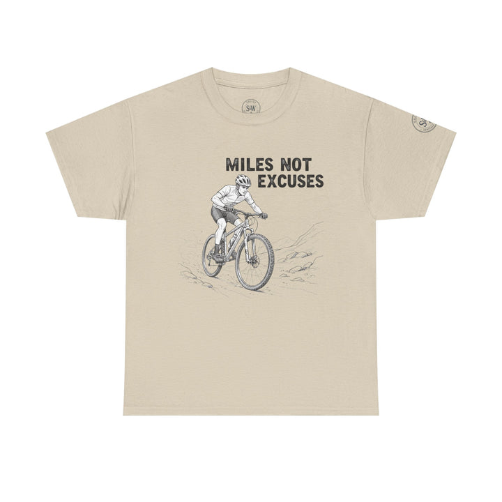 Beige t-shirt by S&amp;W Gallus, featuring a cyclist illustration and "Miles Not Excuses" text.