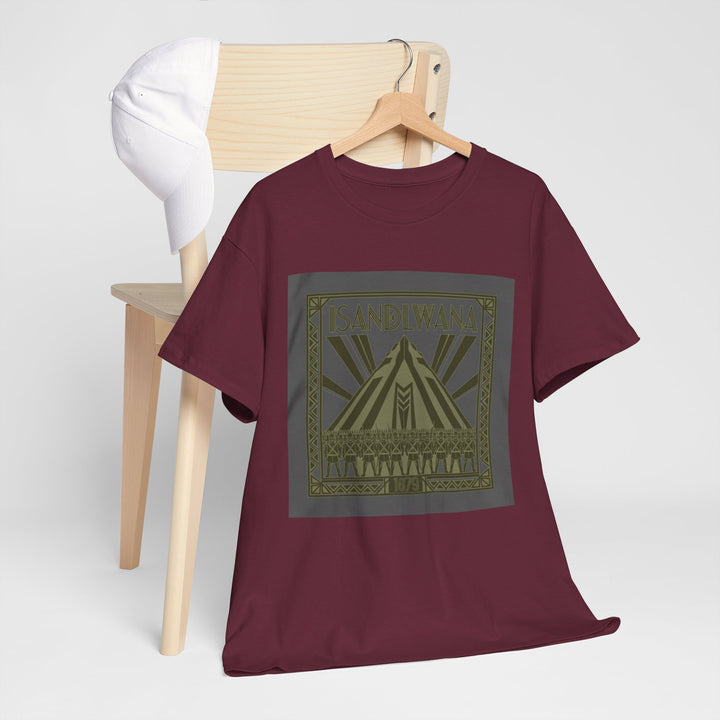 Isandlwana Festival Tee featuring bold “M” pyramid graphic. Outdoor music shirt inspired by iconic landscape vibes.