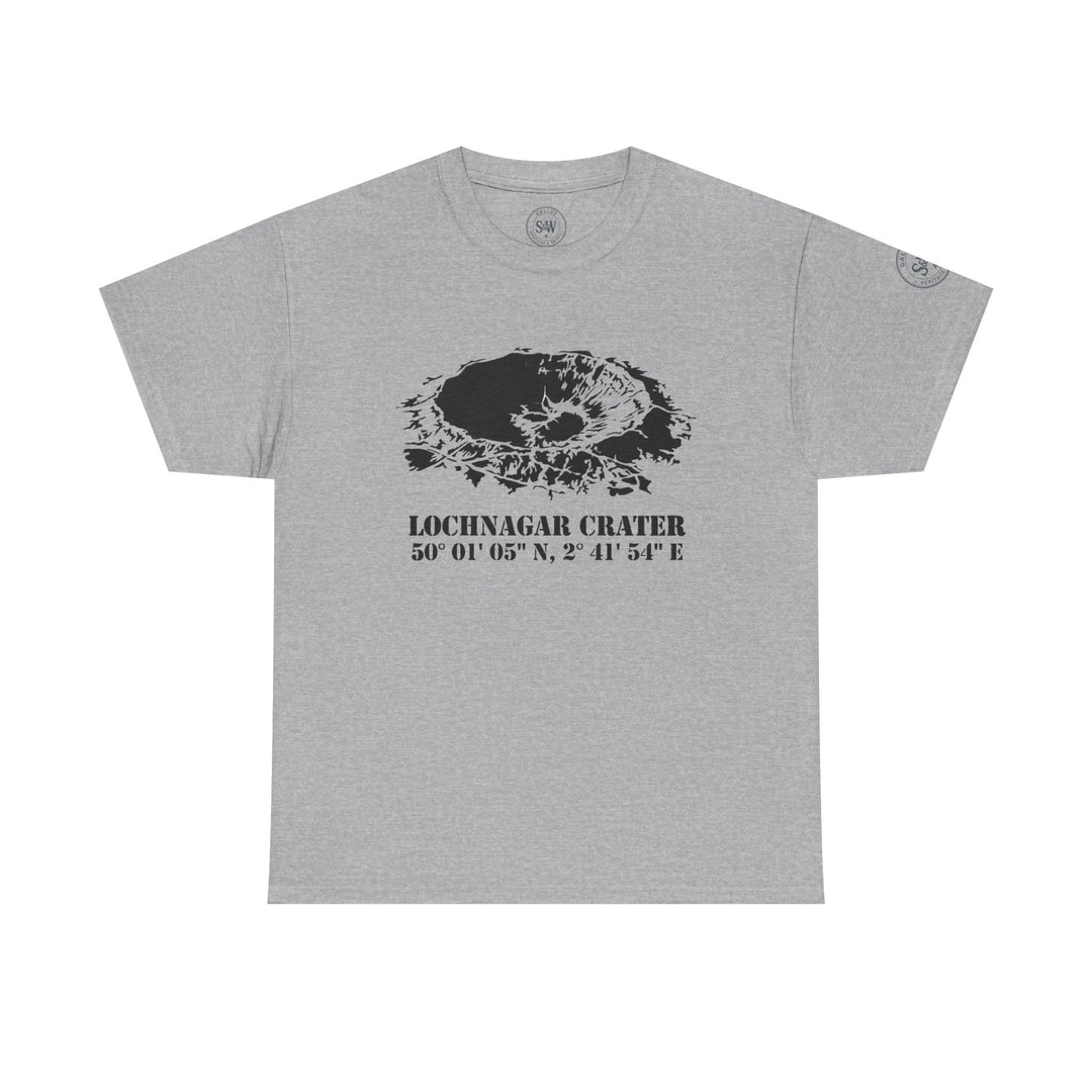 Gray WW1 t-shirt by S&amp;W Gallus, featuring a black crater graphic and corresponding coordinates.