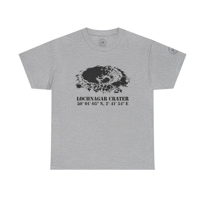Gray WW1 t-shirt by S&amp;W Gallus, featuring a black crater graphic and corresponding coordinates.
