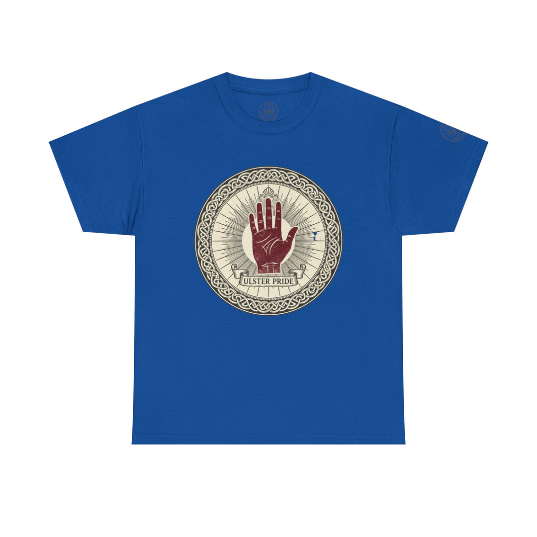 Blue t-shirt by S&amp;W Gallus, featuring a circular "Ulster Pride" graphic with a red hand.