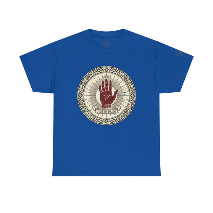 Blue t-shirt by S&amp;W Gallus, featuring a circular "Ulster Pride" graphic with a red hand.