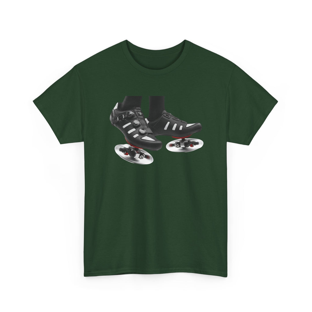 Spin Shoes Tee – soft, breathable cotton featuring a cycling shoes graphic. Perfect for spin classes, indoor workouts, and casual activewear.