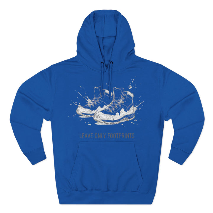 Blue hoodie by S&amp;W Gallus featuring hiking boots graphic and "Leave Only Footprints" text on a solid white background.