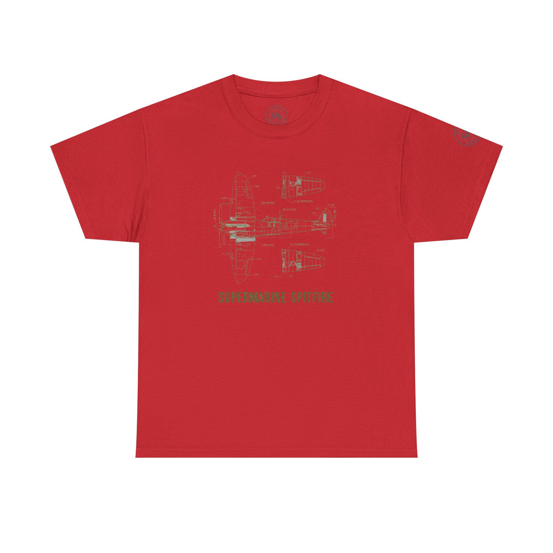 Red t-shirt with a blueprint graphic of a Supermarine Spitfire aircraft by S&amp;W Gallus.