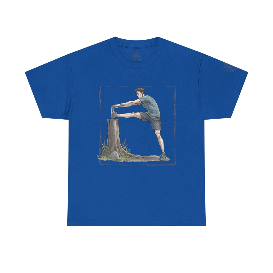 Blue flexible runner T-shirt by S&amp;W Gallus, featuring an illustration of a man stretching his leg.