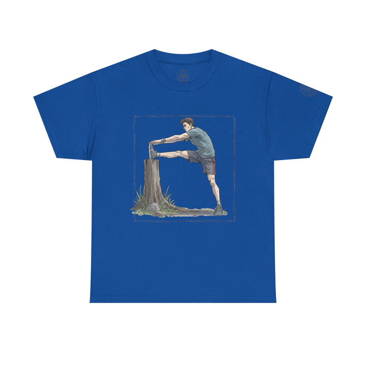 Blue flexible runner T-shirt by S&amp;W Gallus, featuring an illustration of a man stretching his leg.